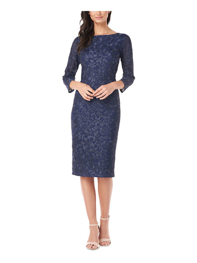 JS COLLECTIONS Womens Navy Embroidered Zippered 3/4 Sleeve Boat Neck Below The Knee Evening Sheath Dress 6