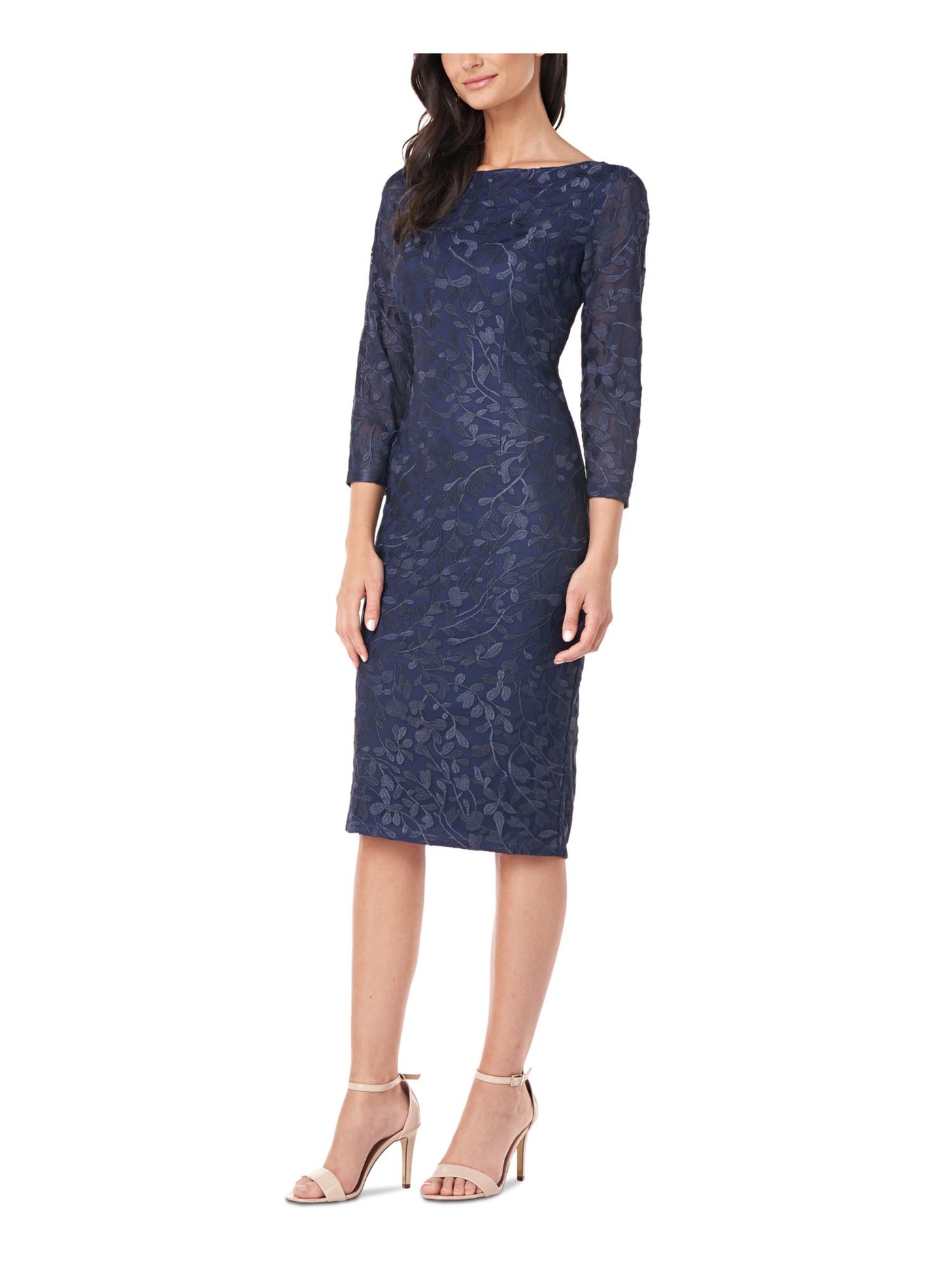 JS COLLECTION Womens Embroidered Zippered 3/4 Sleeve Boat Neck Below The Knee Evening Sheath Dress