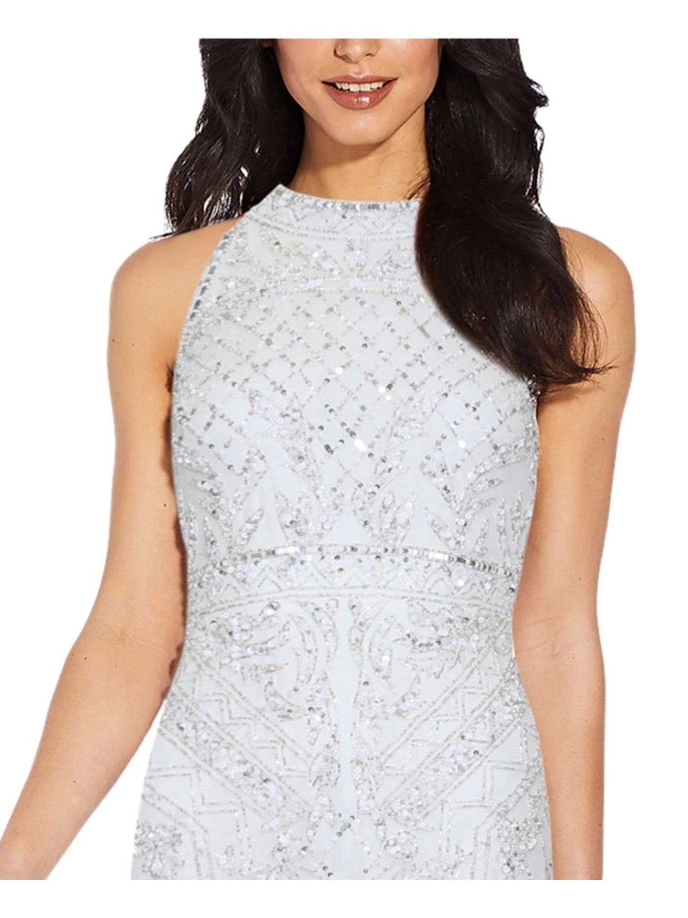 ADRIANNA PAPELL Womens White Beaded Sequined Zippered T-back Lined Sleeveless Halter Above The Knee Cocktail Sheath Dress 8
