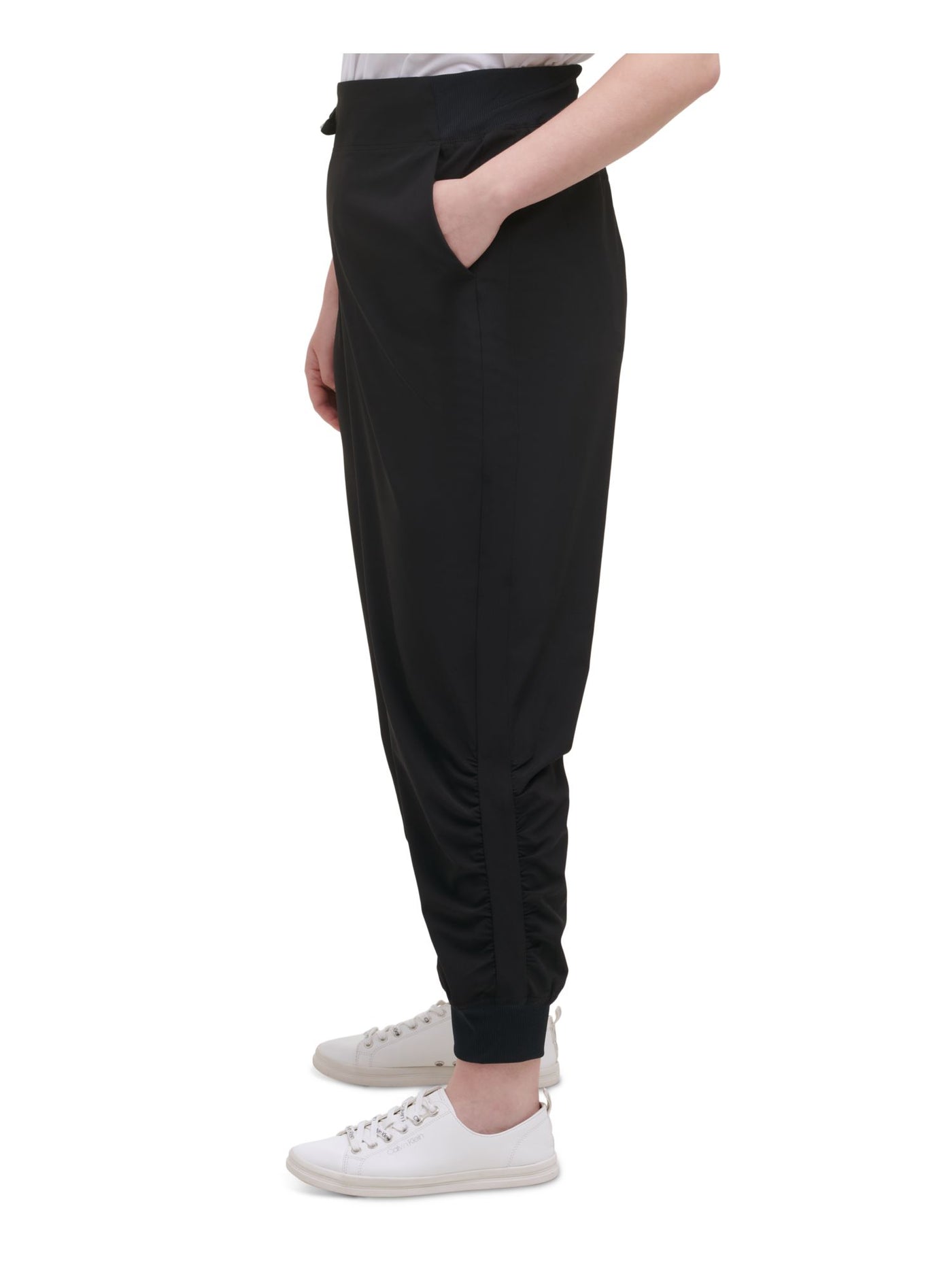 CALVIN KLEIN PERFORMANCE Womens Black Stretch Tie Ribbed Mid Rise Cinched Side Hems Cropped Pants Plus 2X