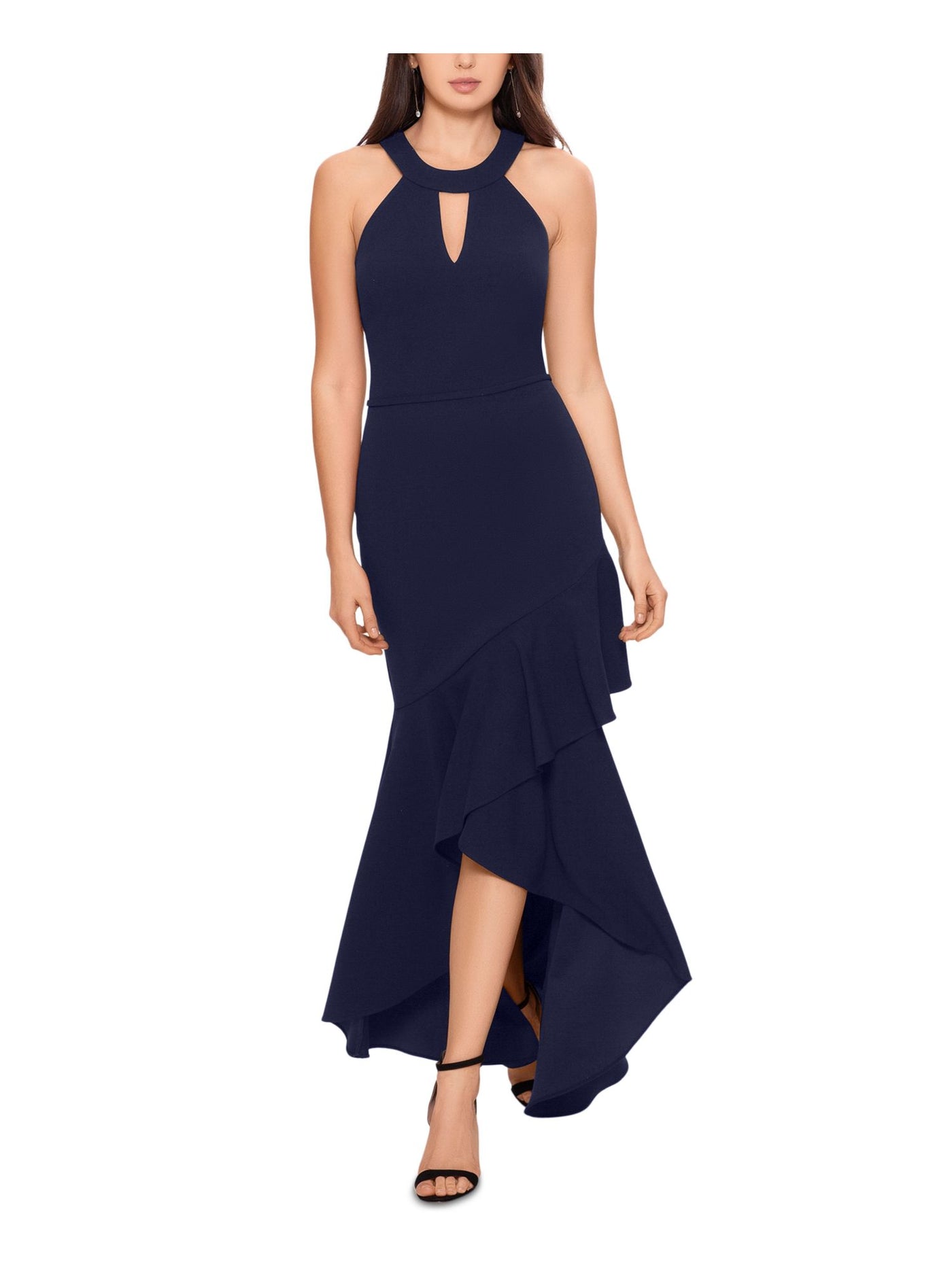 BETSY & ADAM Womens Navy Stretch Zippered Ruffled Keyhole Cutout Mermaid Gown Sleeveless Halter Full-Length Formal Hi-Lo Dress 4