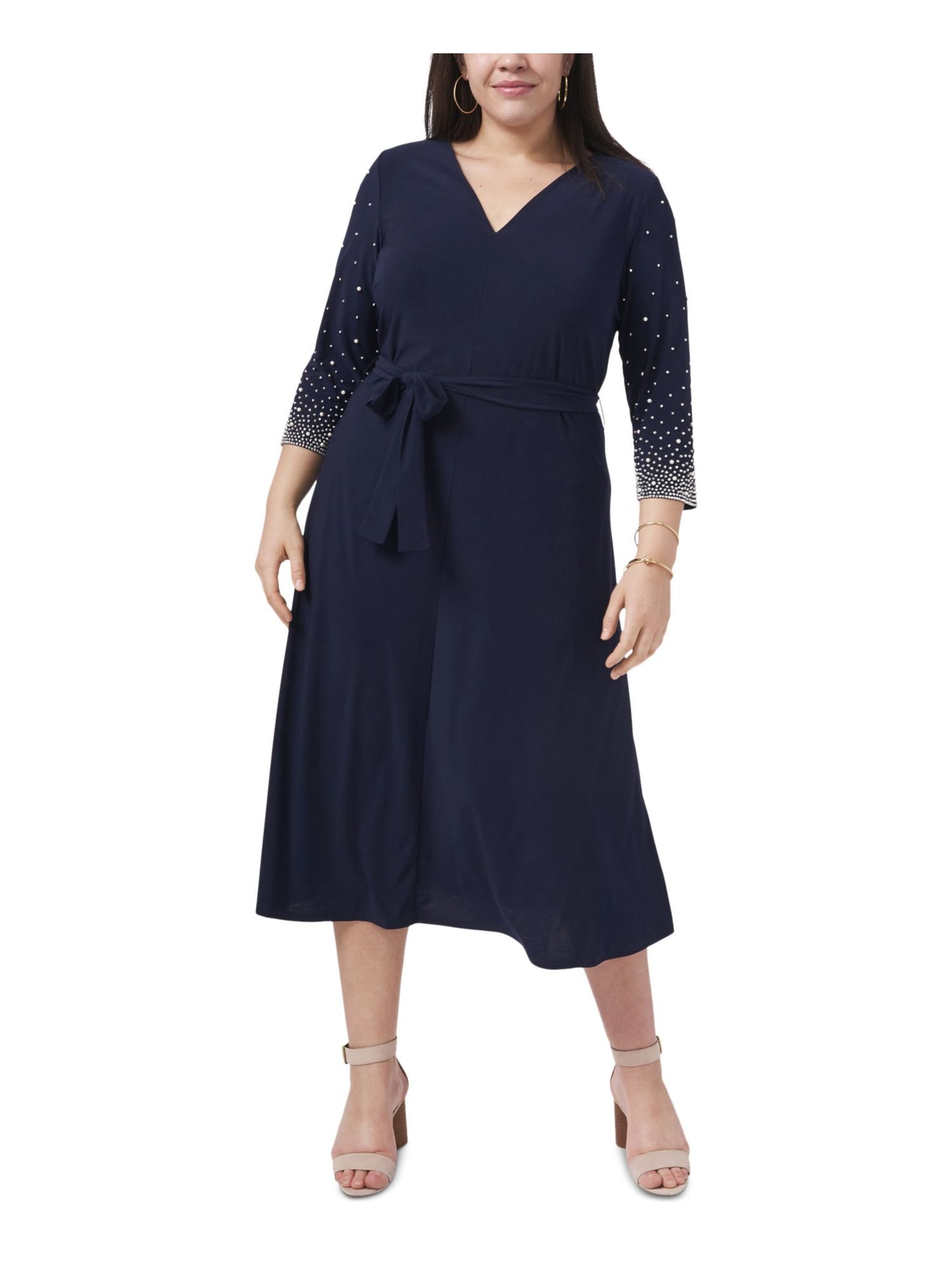 MSK WOMEN Womens Navy Embellished Tie Unlined Pullover 3/4 Sleeve V Neck Midi Formal Fit + Flare Dress Plus 1X