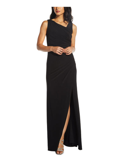 ADRIANNA PAPELL Womens Black Sleeveless Asymmetrical Neckline Evening Faux Wrap Dress 8