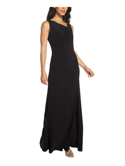 ADRIANNA PAPELL Womens Black Sleeveless Asymmetrical Neckline Evening Faux Wrap Dress 6