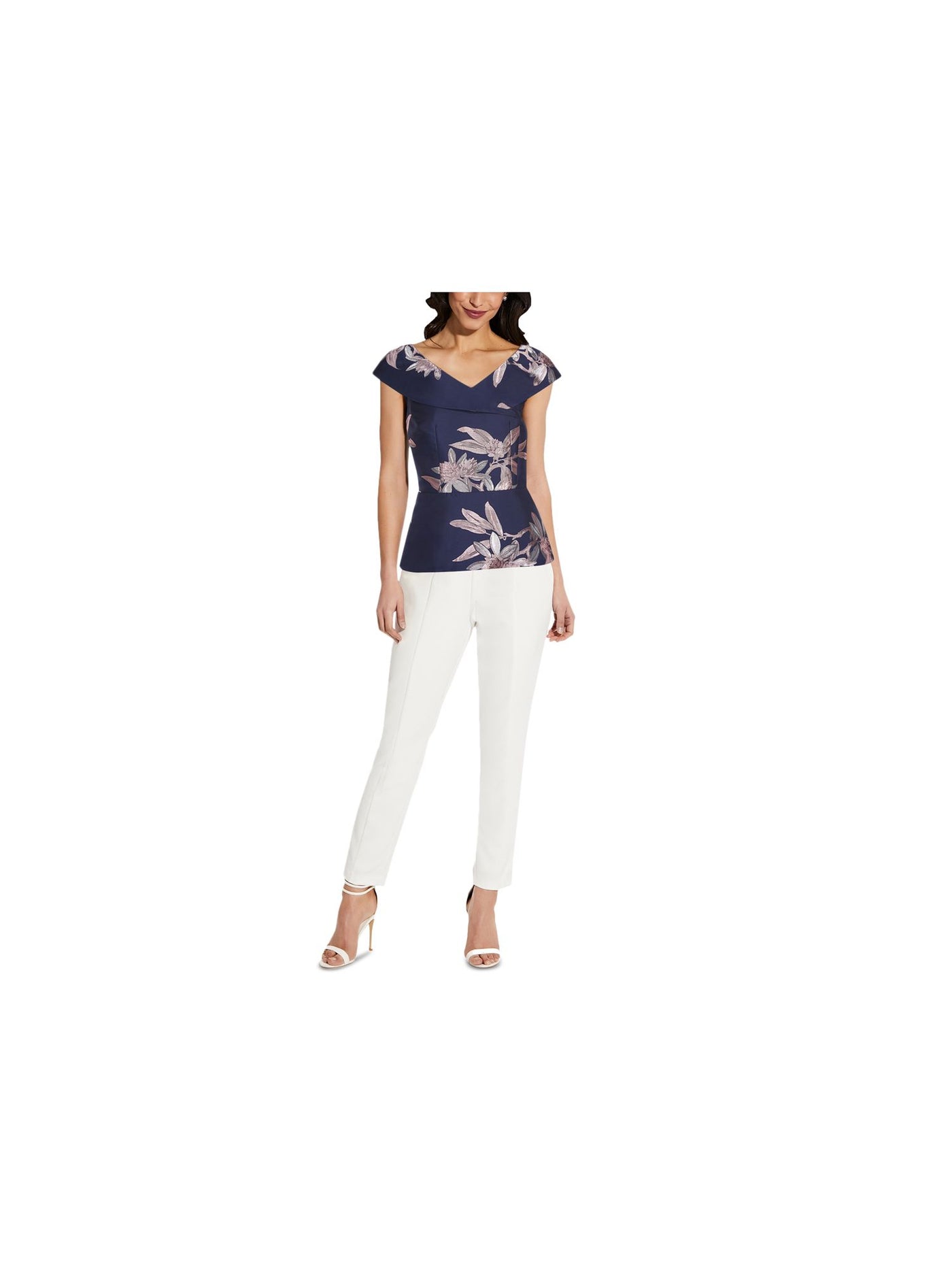ADRIANNA PAPELL Womens Navy Zippered Darted Floral Flutter Sleeve V Neck Party Peplum Top 6