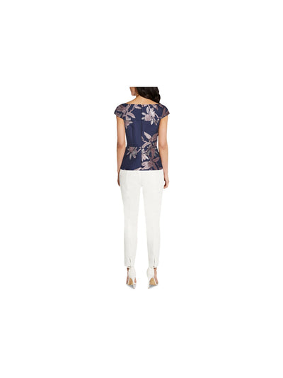 ADRIANNA PAPELL Womens Navy Zippered Darted Floral Flutter Sleeve V Neck Party Peplum Top 12