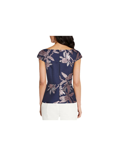 ADRIANNA PAPELL Womens Navy Zippered Darted Floral Flutter Sleeve V Neck Party Peplum Top 6