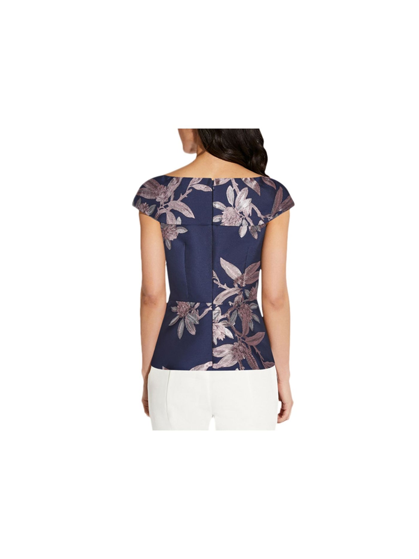 ADRIANNA PAPELL Womens Navy Zippered Darted Floral Flutter Sleeve V Neck Party Peplum Top 2