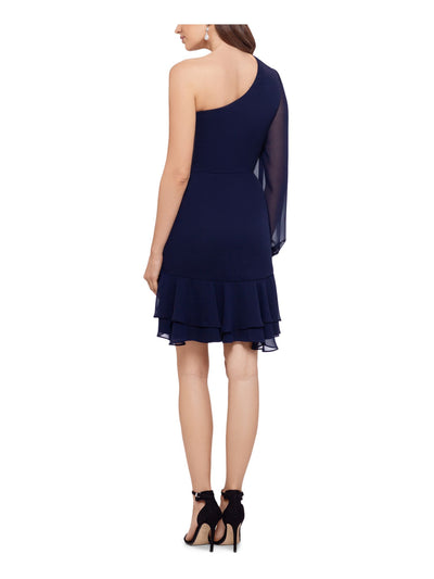 BETSY & ADAM Womens Navy Long Sleeve Asymmetrical Neckline Evening Fit + Flare Dress 8