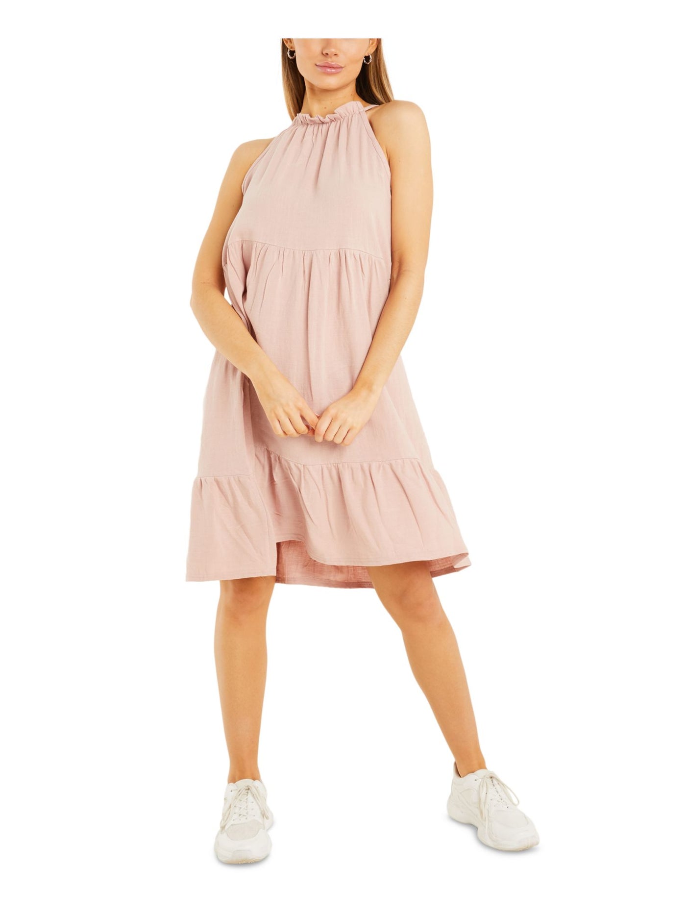 QUIZ Womens Pink Textured Tie Pullover Tiered Sleeveless Halter Above The Knee Shift Dress Juniors 8