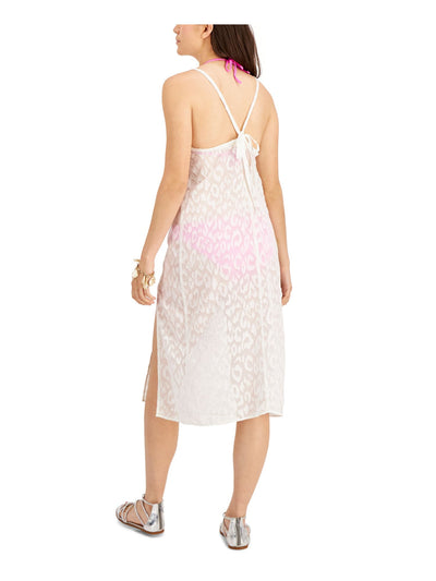 MIKEN SWIM Women's White Animal Print Textured Slit Dress Deep V Neck Metallic Lurex Swimsuit Cover Up S