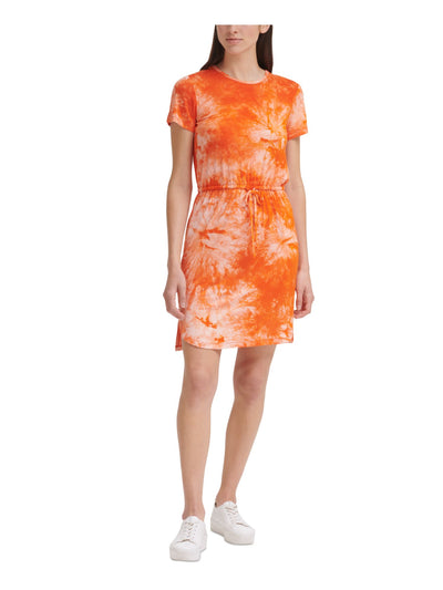CALVIN KLEIN Womens Stretch Short Sleeve Round Neck Short Sheath Dress