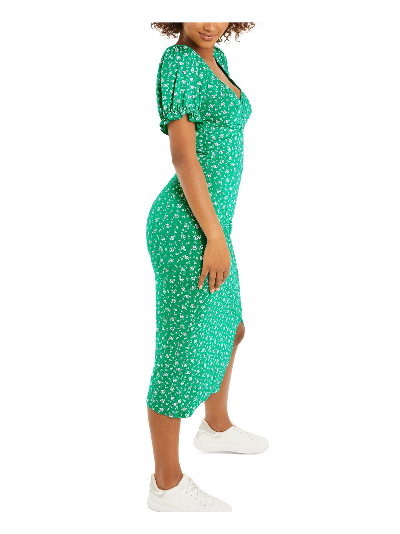 QUIZ Womens Green Ruffled Ruched Slitted Floral Pouf Sleeve V Neck Midi Party Sheath Dress 8