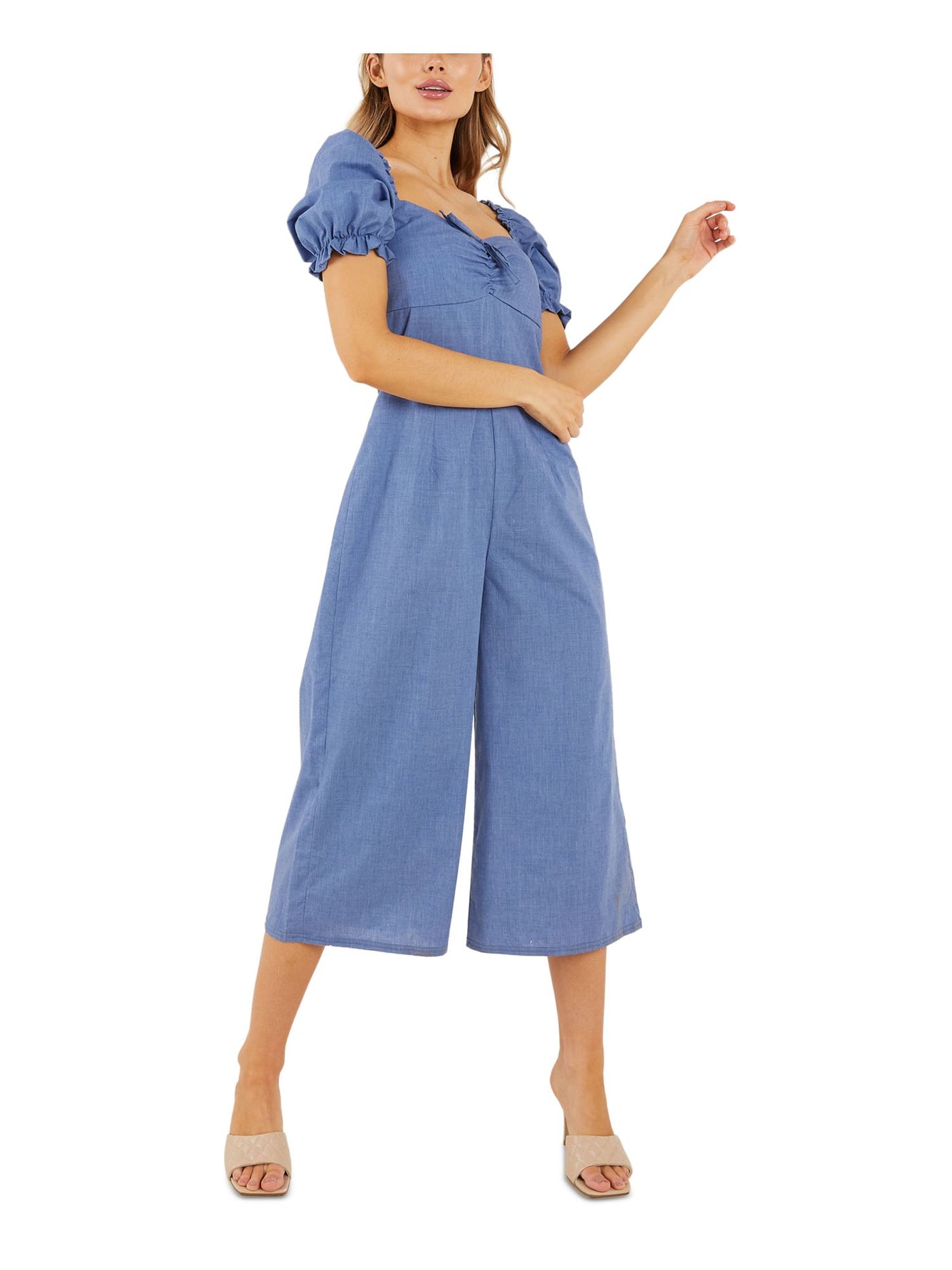 QUIZ Womens Blue Ruched Zippered Pouf Sleeve Sweetheart Neckline Empire Waist Wide Leg Jumpsuit 4