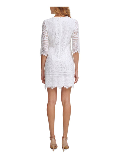 KENSIE DRESSES Womens White Zippered Scalloped Eyelash Trim Lined 3/4 Sleeve Crew Neck Short Cocktail Sheath Dress 8