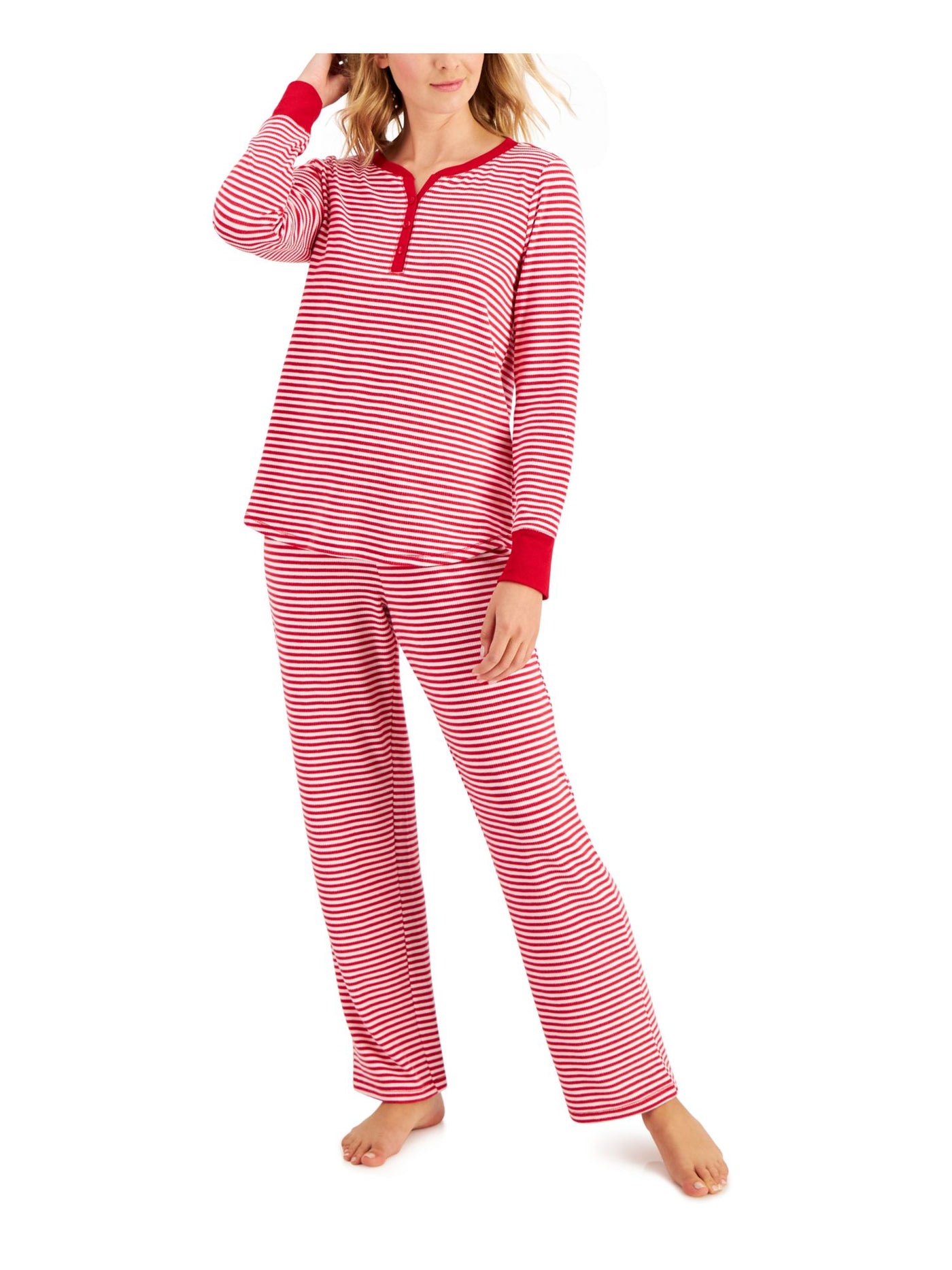 CHARTER CLUB Womens Red Striped Elastic Band Long Sleeve Henley Top Straight leg Pants Pajamas M