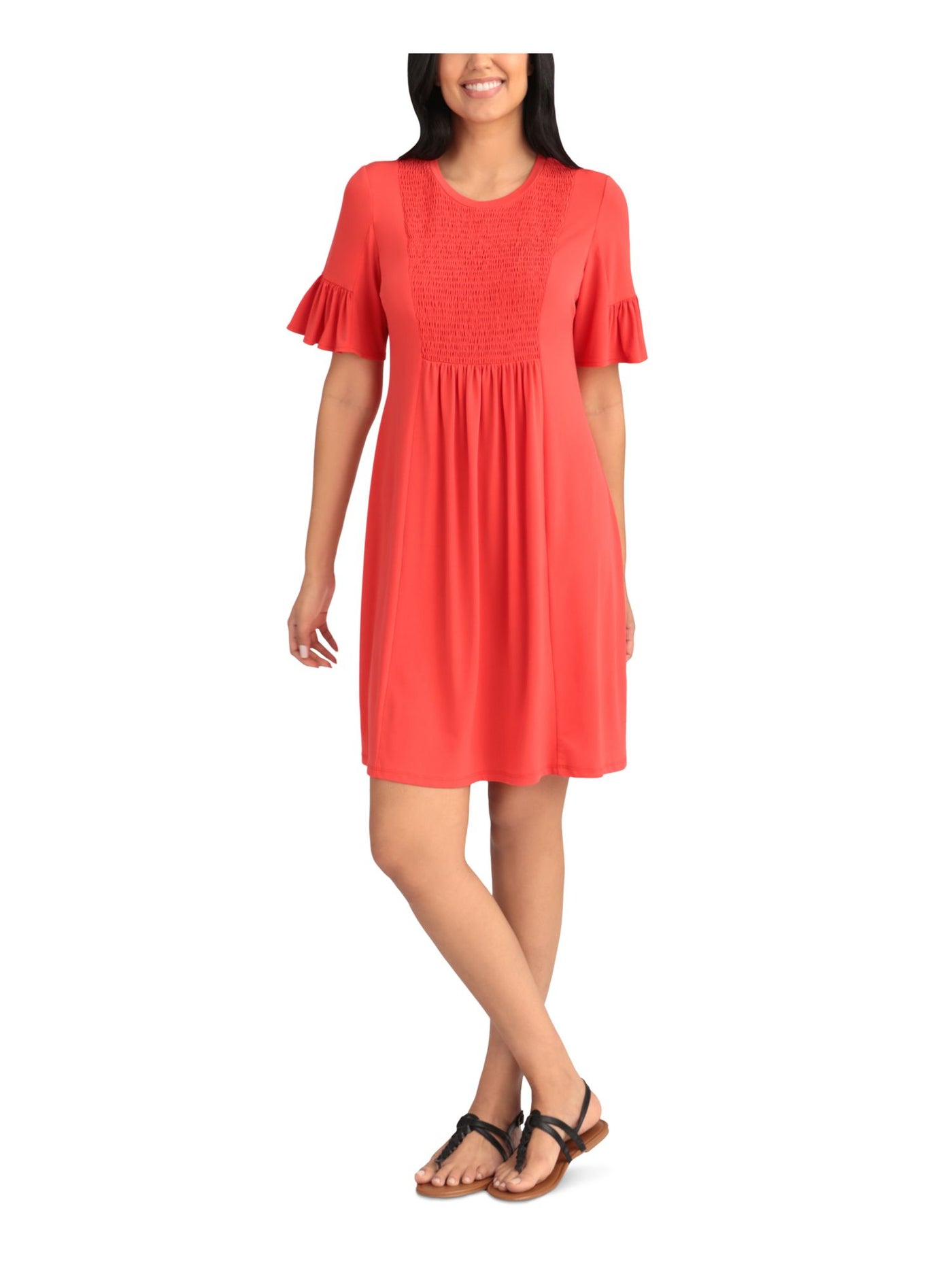 LONDON TIMES Womens Coral Stretch Smocked Ruffled Jersey-knit Short Sleeve Jewel Neck Above The Knee Shift Dress Petites 12P