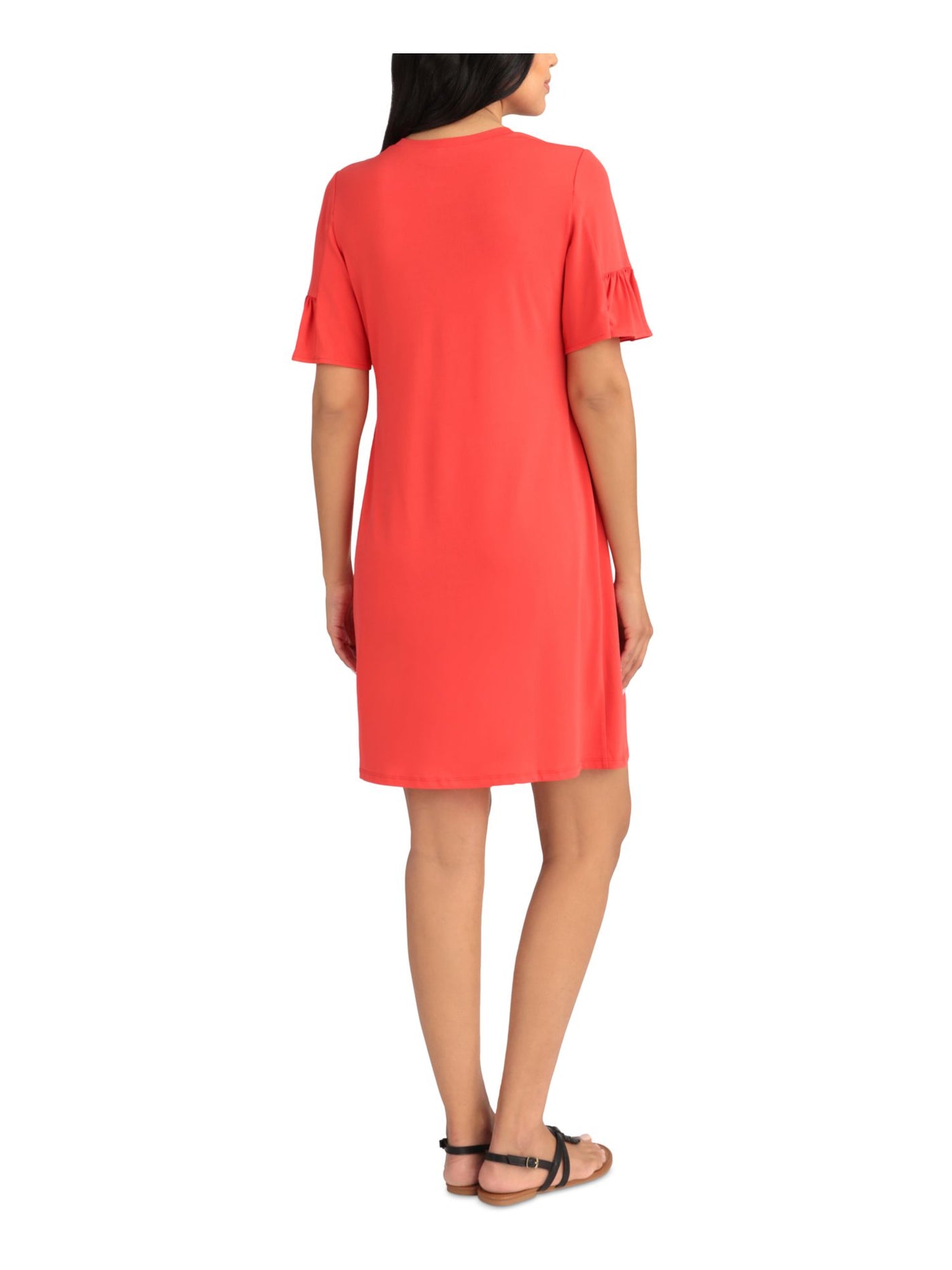 LONDON TIMES PETITES Womens Coral Stretch Smocked Ruffled Jersey-knit Short Sleeve Jewel Neck Above The Knee Shift Dress Petites 8P