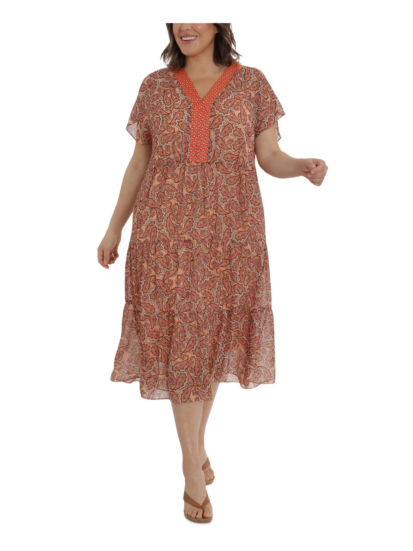 LONDON TIMES Womens Orange Sheer Slip Lining Pullover Tiered Paisley Flutter Sleeve V Neck Midi Shift Dress Plus 1X