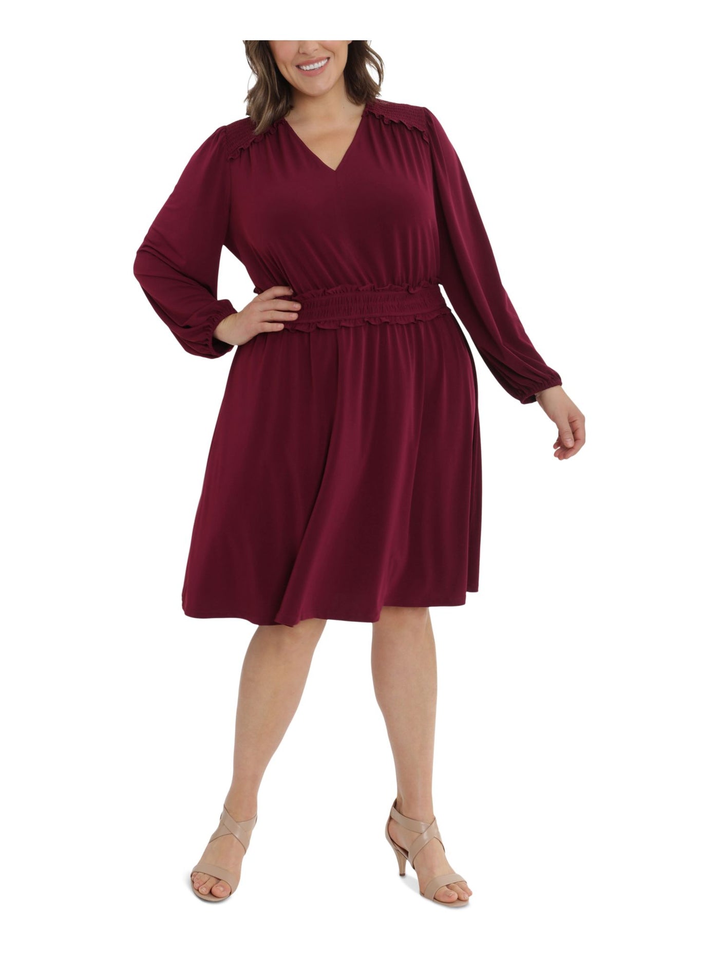 LONDON TIMES WOMAN Womens Burgundy Stretch Smocked Ruffled Unlined Pullover Long Sleeve V Neck Knee Length Wear To Work Fit + Flare Dress Plus 22W