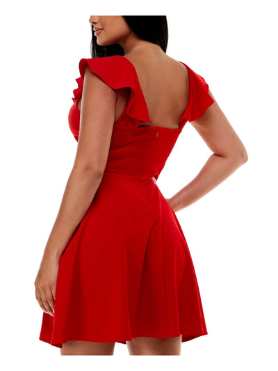 JUMP APPAREL Womens Red Stretch Zippered Ruffled Scuba Crepe Cap Sleeve V Neck Short Party Fit + Flare Dress Juniors XS