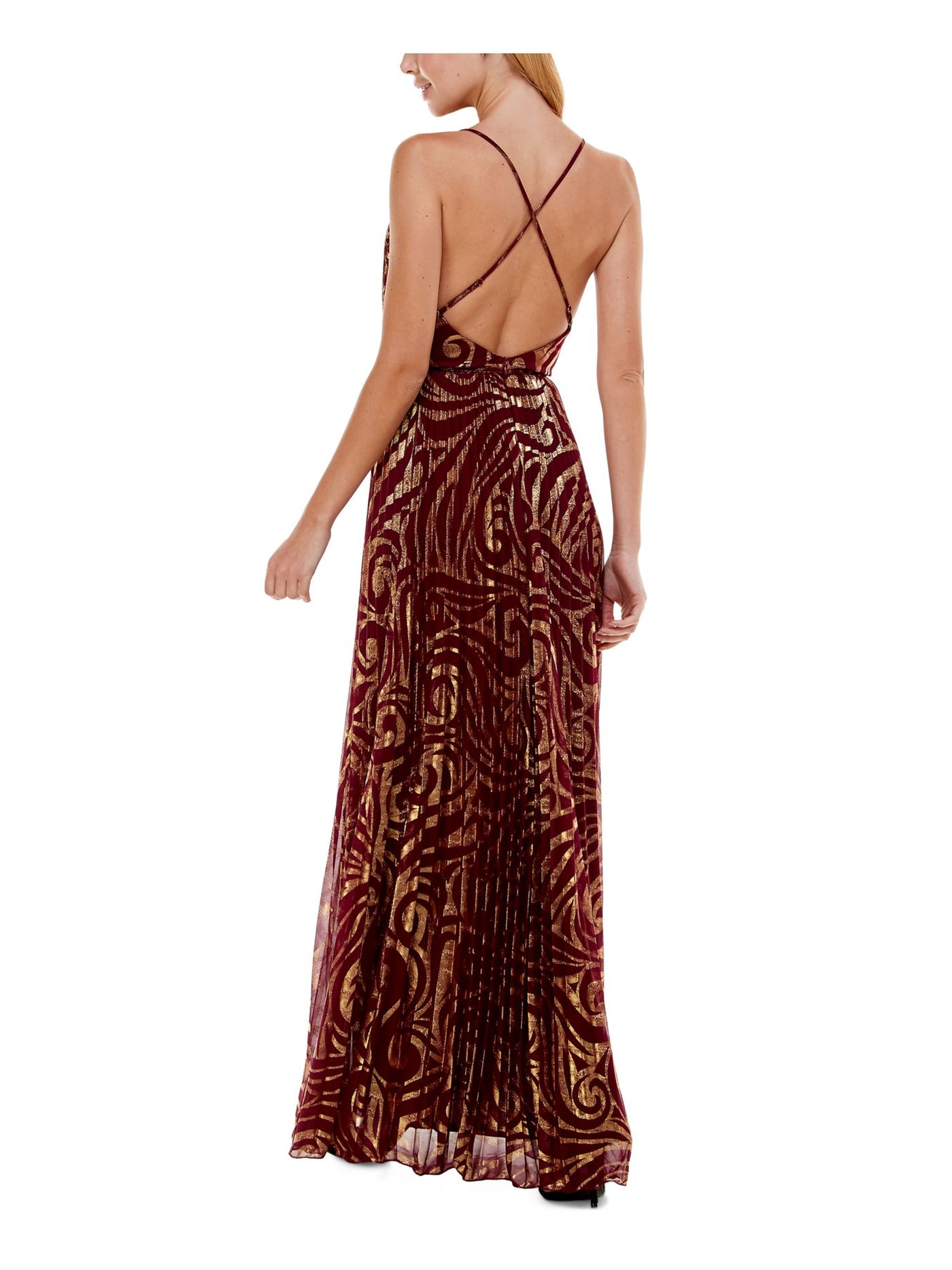 CITY STUDIO Womens Burgundy Zippered Crisscross Straps Lined Spaghetti Strap V Neck Full-Length  Gown Prom Dress Juniors 1