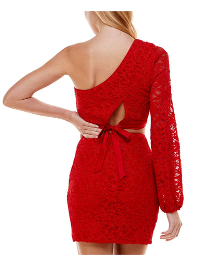 CITY STUDIO Womens Red Stretch Zippered Ruched Crop Lace Glitter Tie Slit Lined Blouson Sleeve Asymmetrical Neckline Mini Cocktail Body Con Dress Juniors 13
