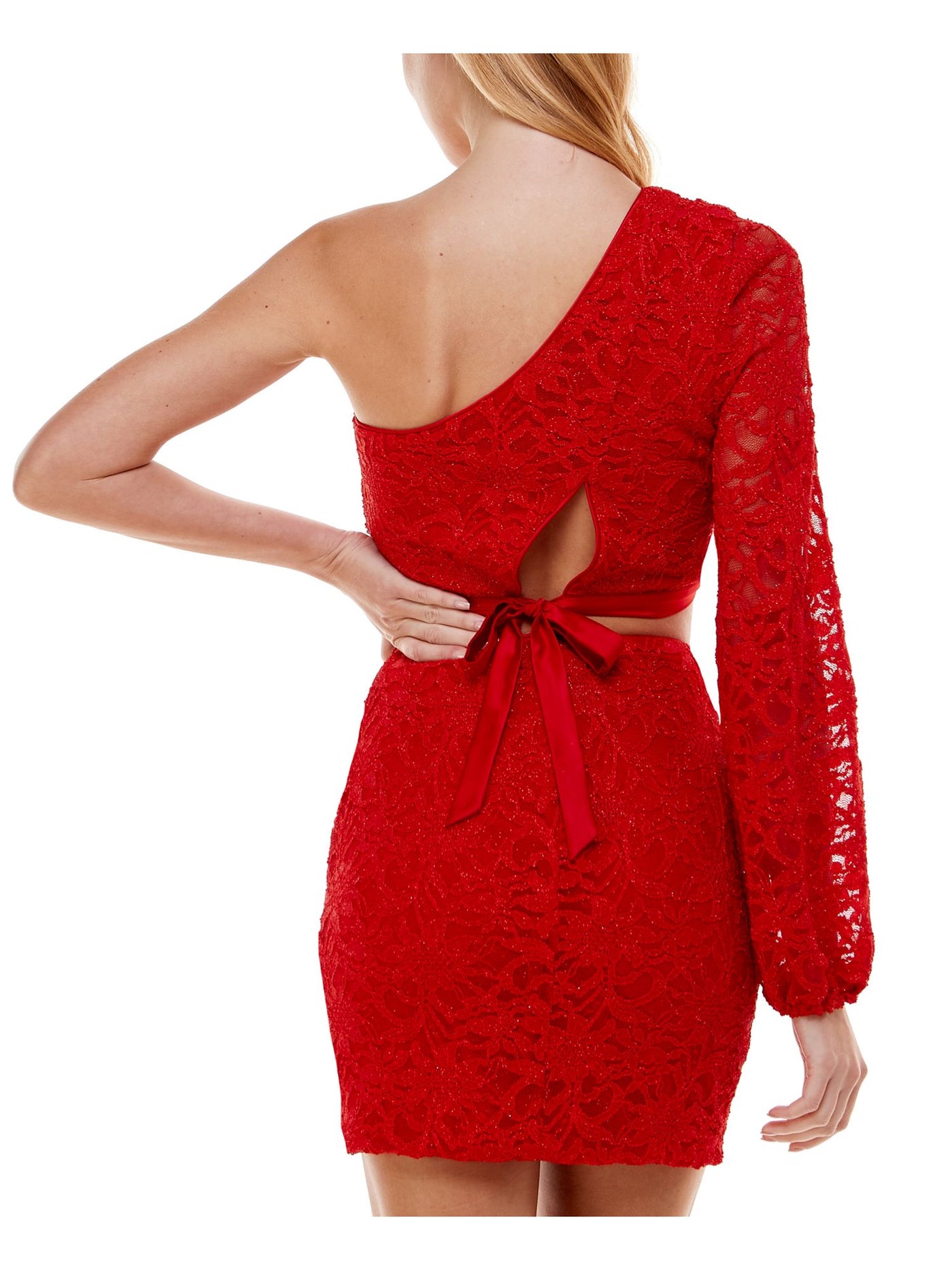 CITY STUDIO Womens Red Stretch Zippered Ruched Crop Lace Glitter Tie Slit Lined Blouson Sleeve Asymmetrical Neckline Mini Cocktail Body Con Dress Juniors 15
