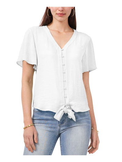 VINCE CAMUTO Womens White Tie Sheer Unlined Short Sleeve V Neck Button Up Top XS