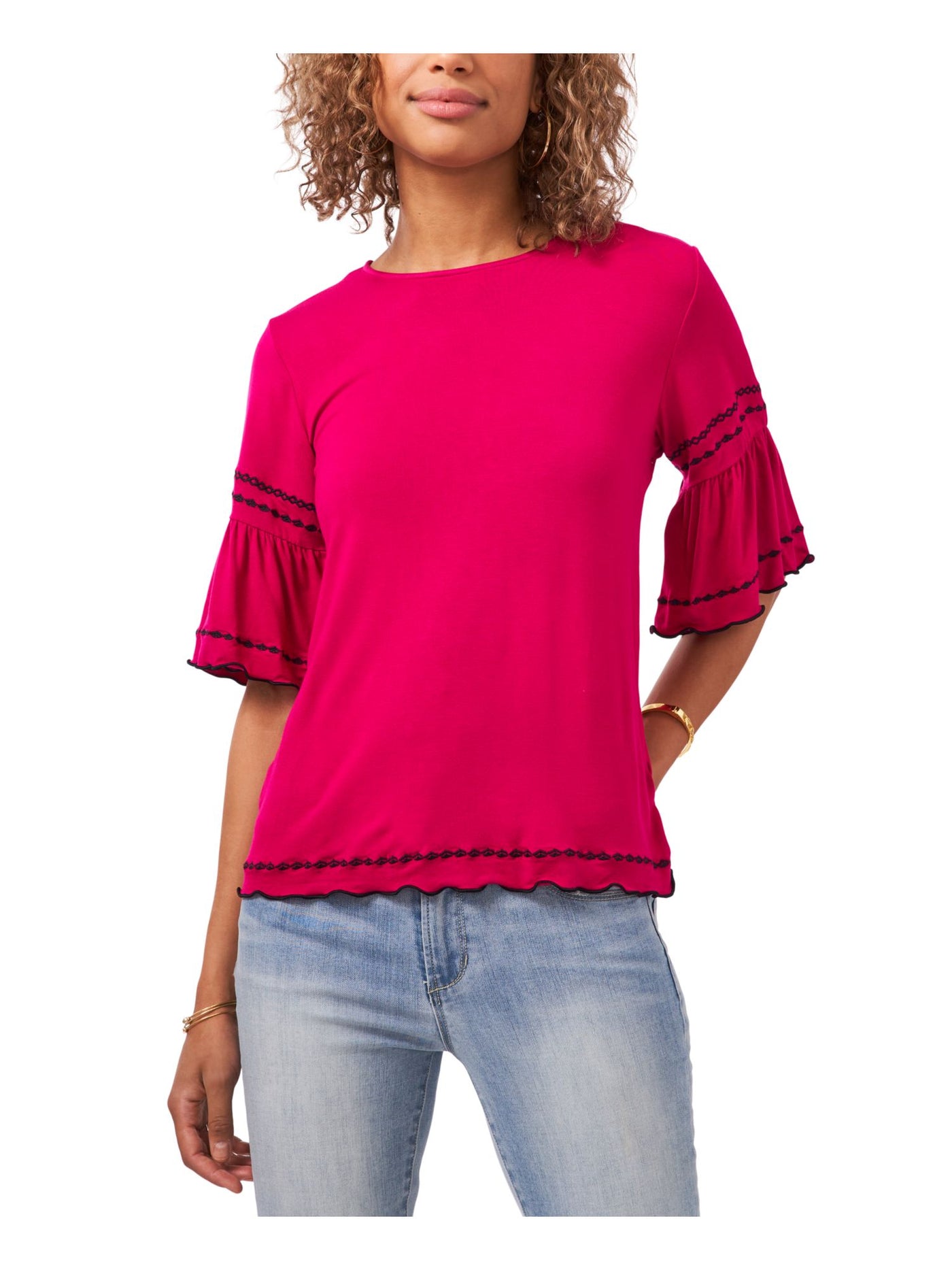 VINCE CAMUTO Womens Pink Stretch Bell Sleeve Round Neck Top XS