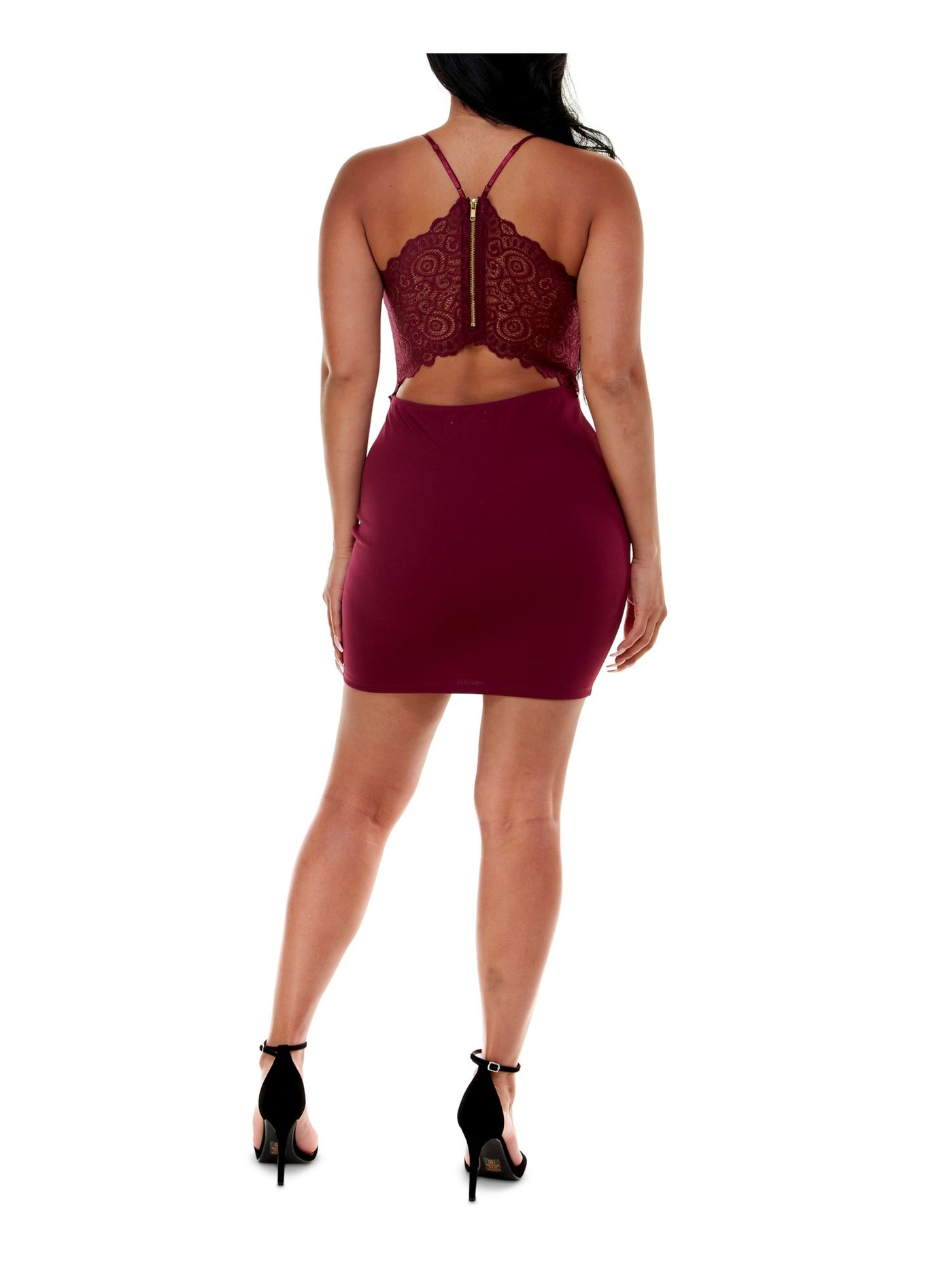 EMERALD SUNDAE Womens Burgundy Stretch Zippered Lace Cut-out Back Cupped Spaghetti Strap Square Neck Short Party Body Con Dress L