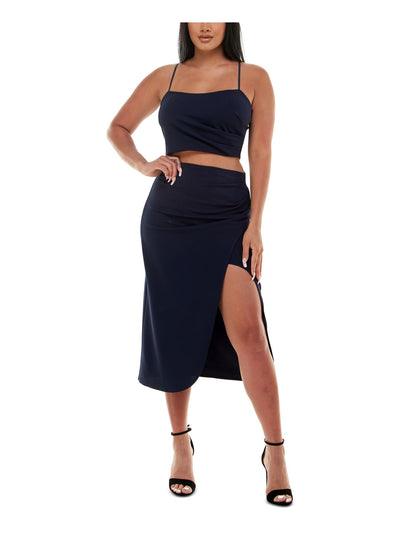 EMERALD SUNDAE Womens Navy Stretch Pleated Cropped Top Thigh-high Slit Spaghetti Strap Square Neck Midi Party Body Con Dress Juniors XL