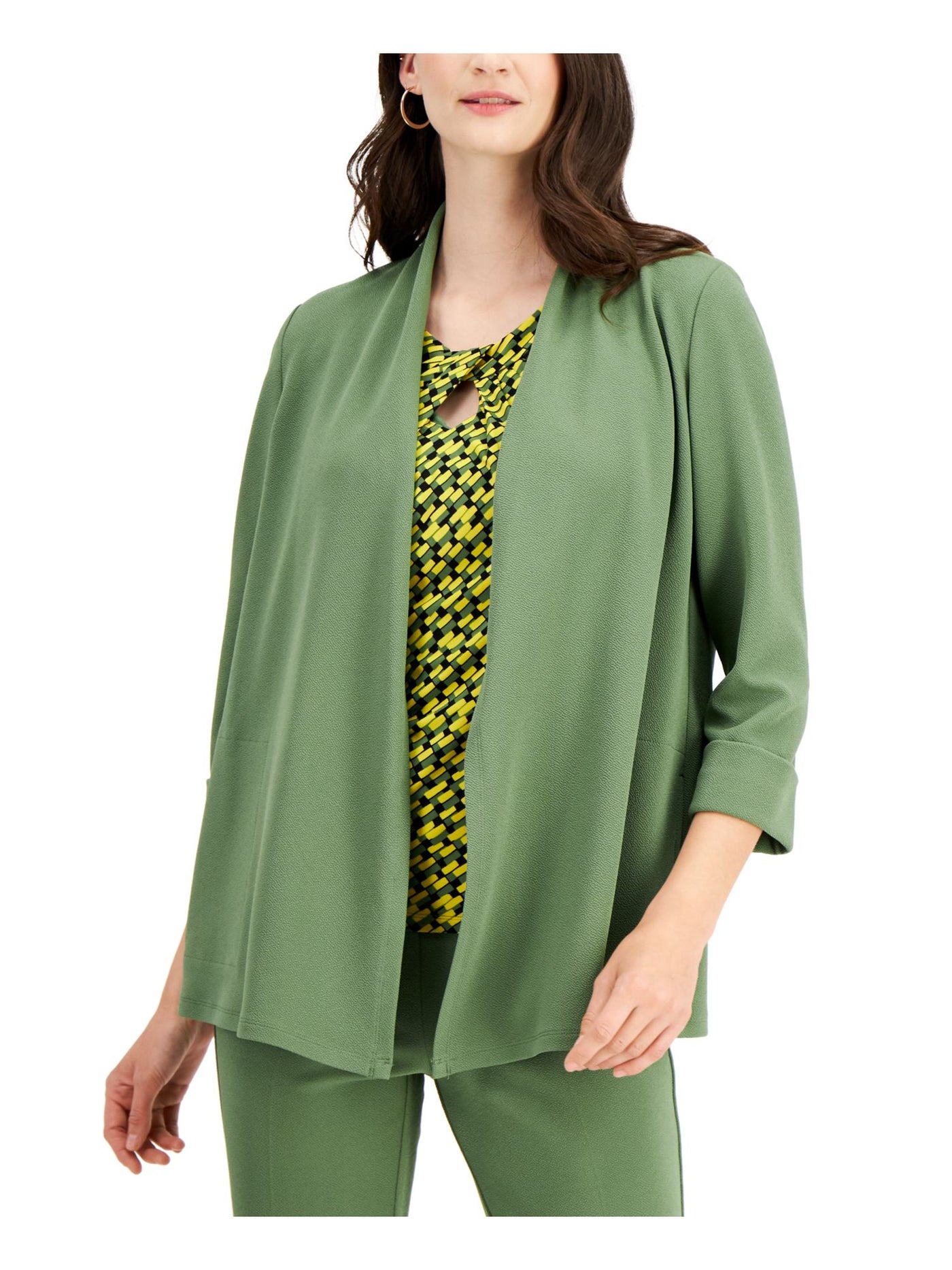 KASPER Womens Green Stretch Textured Pocketed Open-front Cardigan 3/4 Sleeve Wear To Work Jacket XS