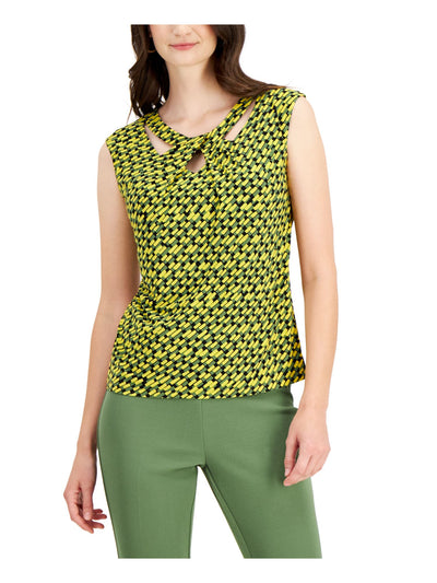 KASPER Womens Green Stretch Cut Out Twist-neck Printed Sleeveless Scoop Neck Top XS