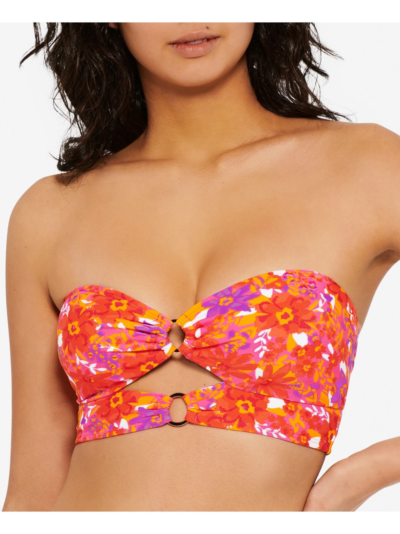 HULA HONEY Women's Orange Floral Stretch Cutout Rings Tie Back Lined Sweetheart Convertible Swimsuit Top M