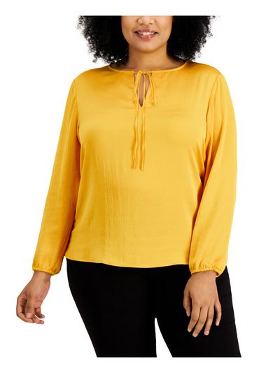 KASPER Womens Yellow Long Sleeve Tie Neck Wear To Work Top Petites PXL