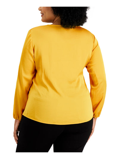 KASPER Womens Yellow Long Sleeve Tie Neck Wear To Work Top Petites PXL