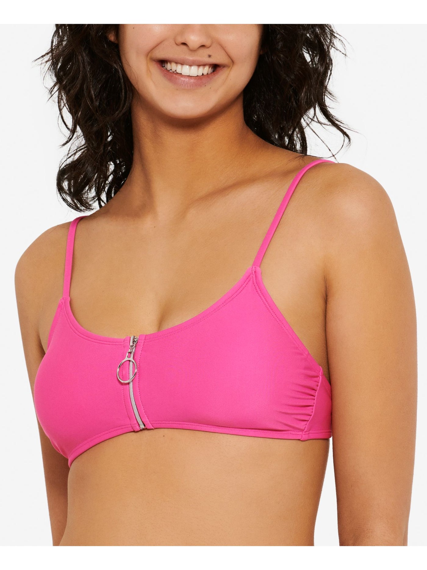 HULA HONEY Women's Pink Stretch Zippered Adjustable Bralette Swimsuit Top L