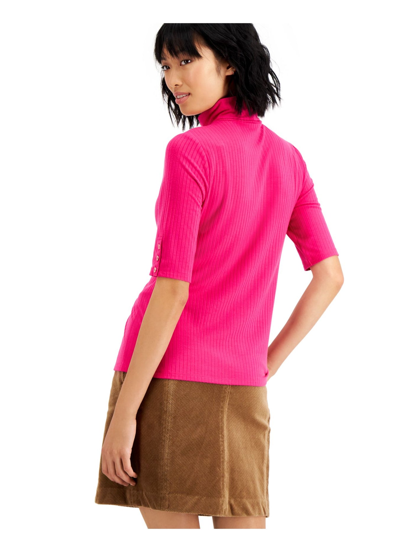 CHARTER CLUB Womens Pink Stretch Ribbed Faux Button Sleeves Short Sleeve Turtle Neck Top XS