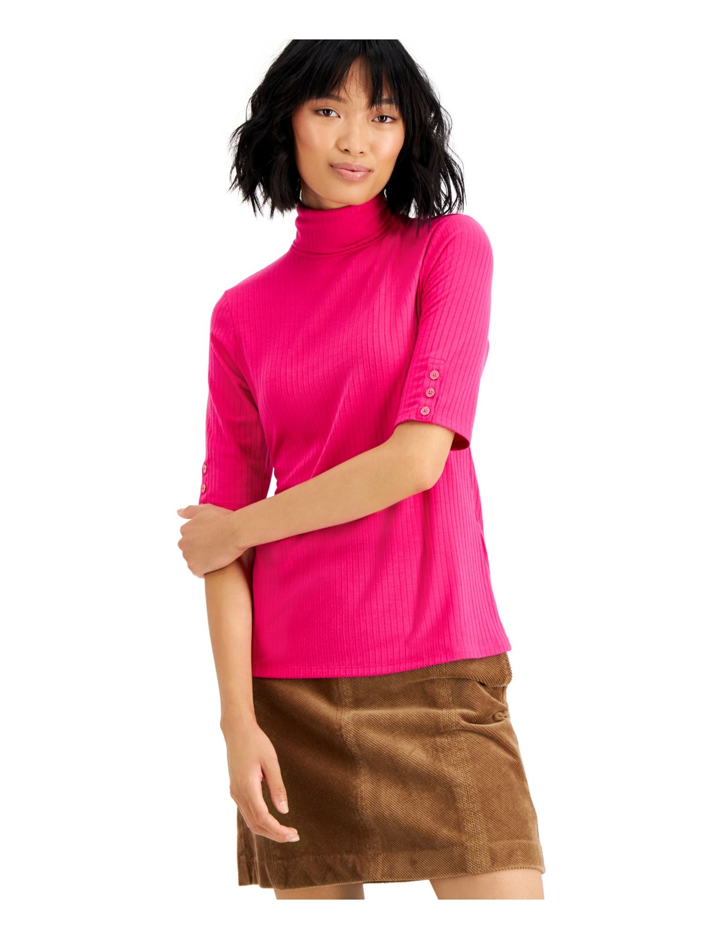 CHARTER CLUB Womens Pink Stretch Ribbed Faux Button Sleeves Short Sleeve Turtle Neck Top XS