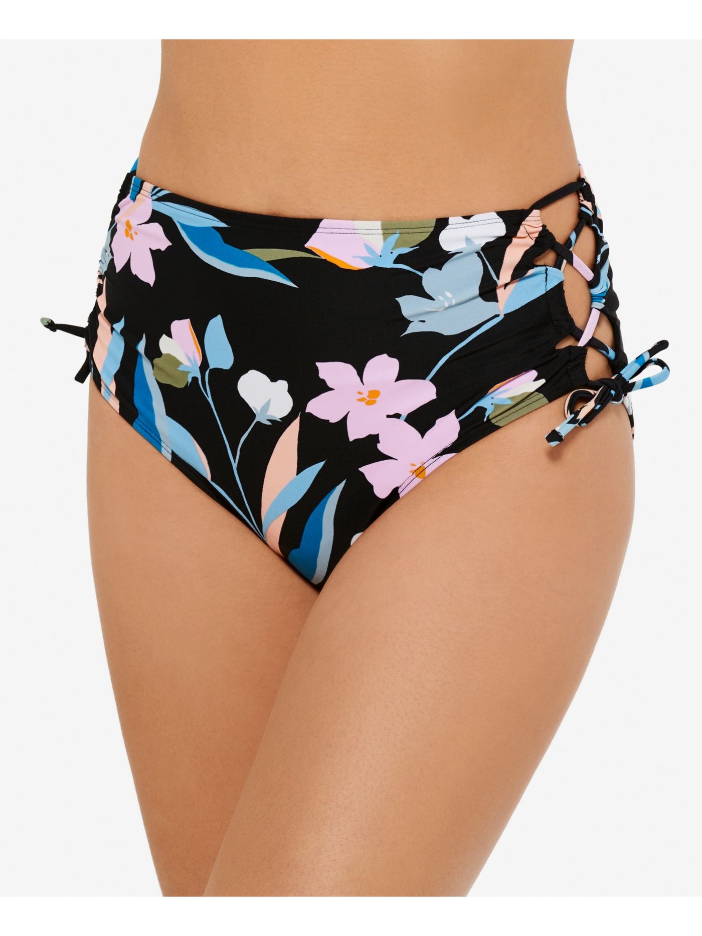 HULA HONEY Women's Black Printed Lined Side Tie Flourishing Floral High Waisted Swimsuit Bottom XS