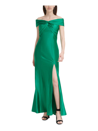 CALVIN KLEIN Womens Green Stretch Zippered Slitted Twist-front Short Sleeve Off Shoulder Maxi Evening Sheath Dress 2