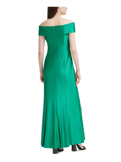 CALVIN KLEIN Womens Green Stretch Zippered Slitted Twist-front Short Sleeve Off Shoulder Maxi Evening Sheath Dress 16
