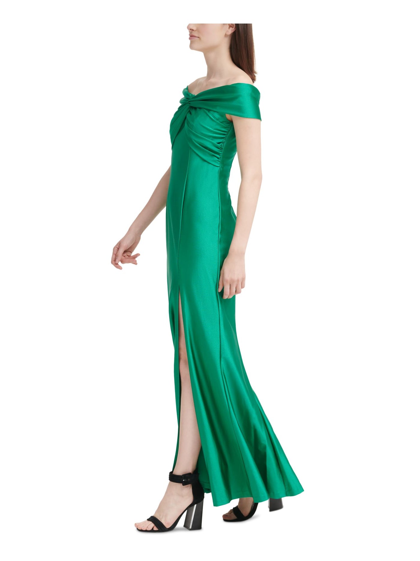 CALVIN KLEIN Womens Green Stretch Zippered Slitted Twist-front Short Sleeve Off Shoulder Maxi Evening Sheath Dress 2
