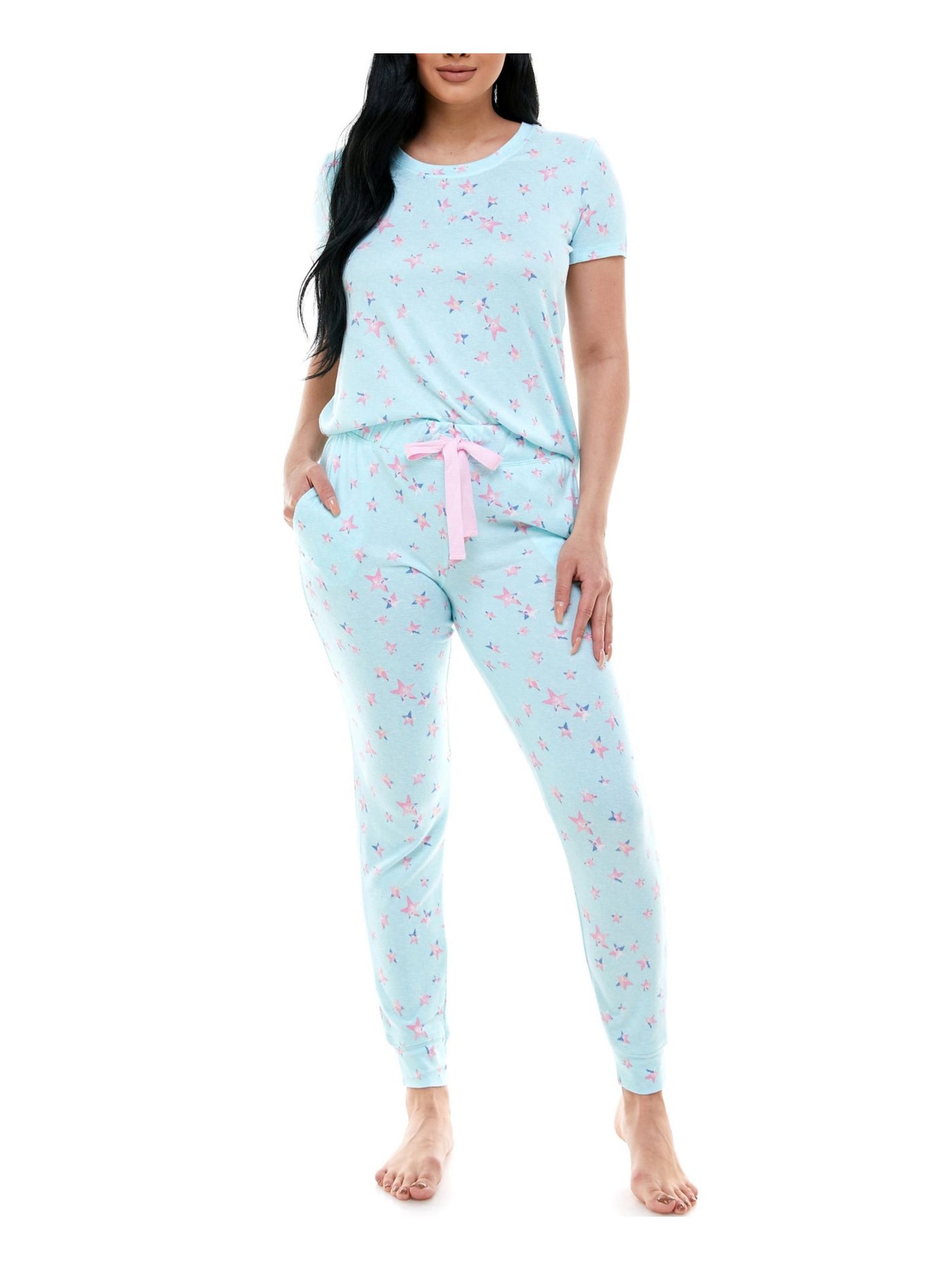 JACLYN INTIMATES Womens Light Blue Printed Stretch T-Shirt Top Lounge Pants Pajamas S