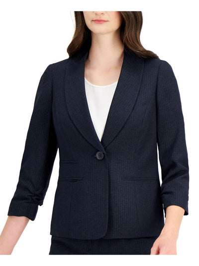 LE SUIT Womens Navy Ruched Pocketed Lined Shawl Collar Button Closur Pinstripe Wear To Work Blazer Jacket 4