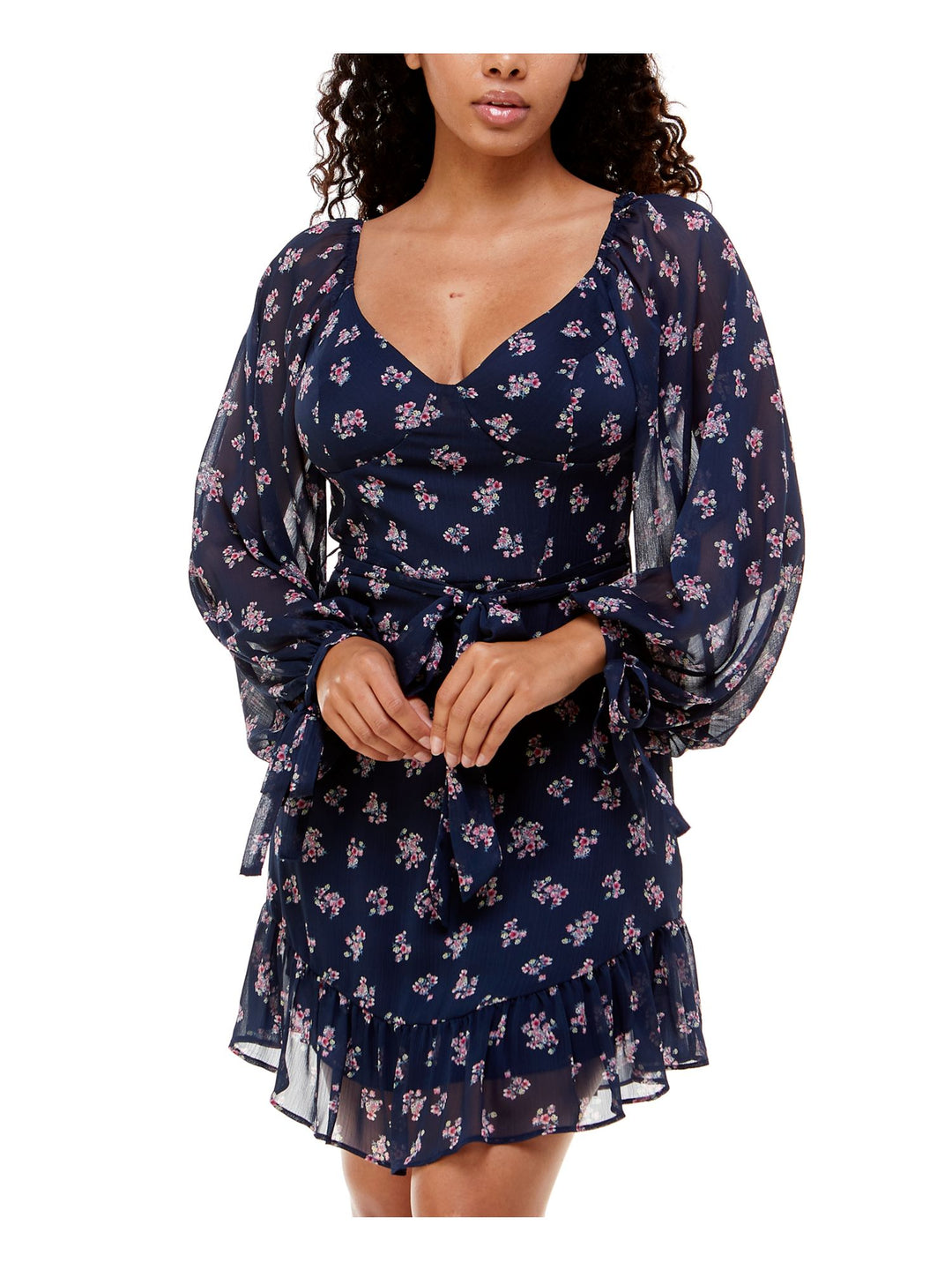 B Darlin Womens Navy Zippered Sheer Ruffled Tie Sleeves Floral Balloon Sleeve V Neck Short Cocktail Fit + Flare Dress