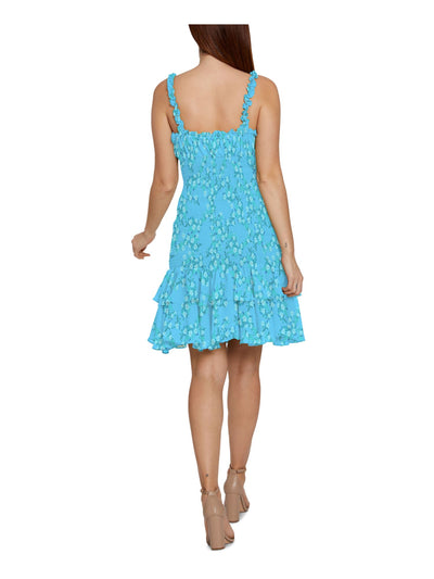 BCBGENERATION Womens Turquoise Stretch Smocked Ruffled Floral Sleeveless V Neck Above The Knee Party Body Con Dress 8