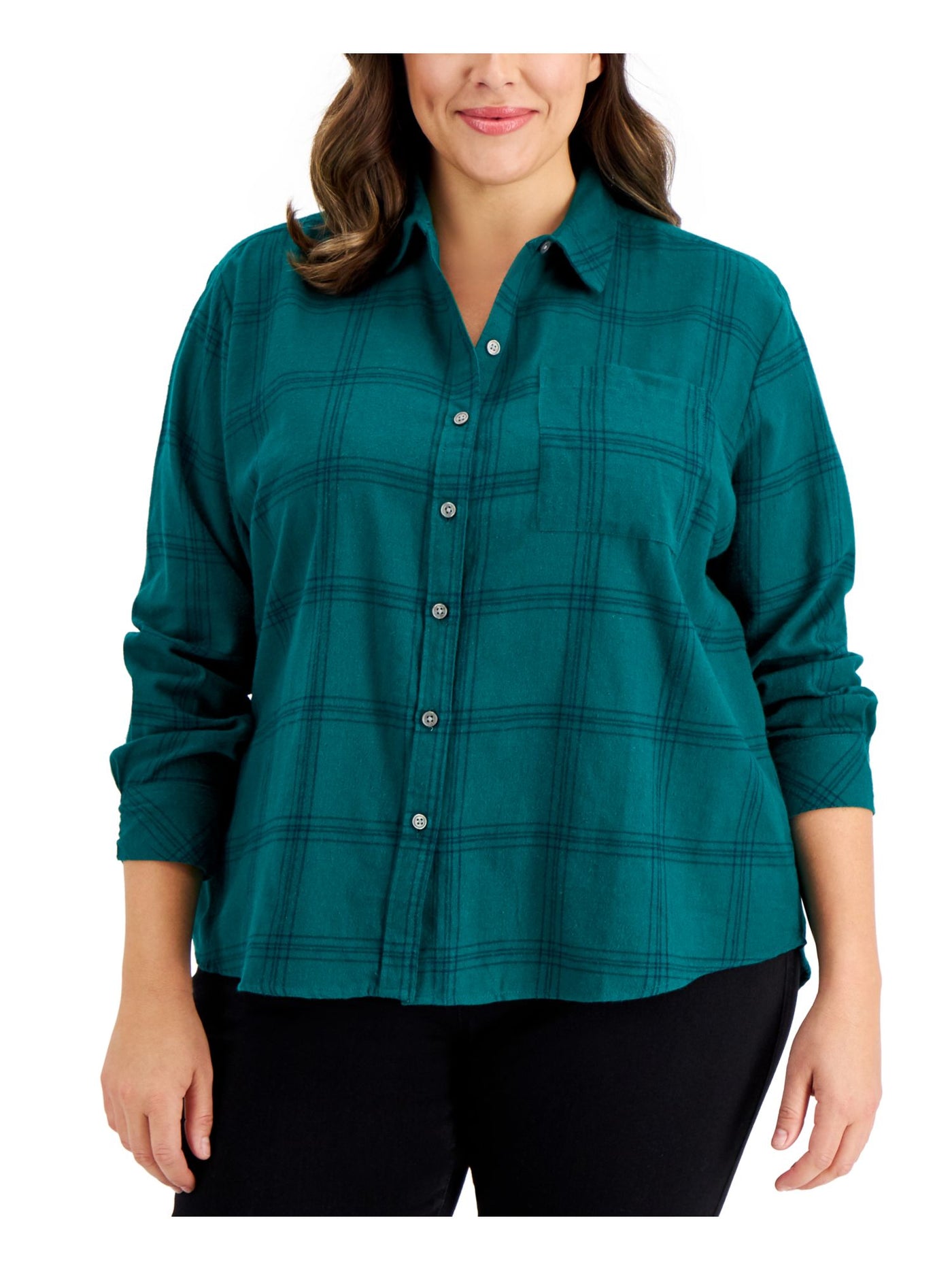 STYLE & COMPANY Womens Green Pocketed Step Hem Plaid Cuffed Sleeve Point Collar Button Up Top Plus 3X