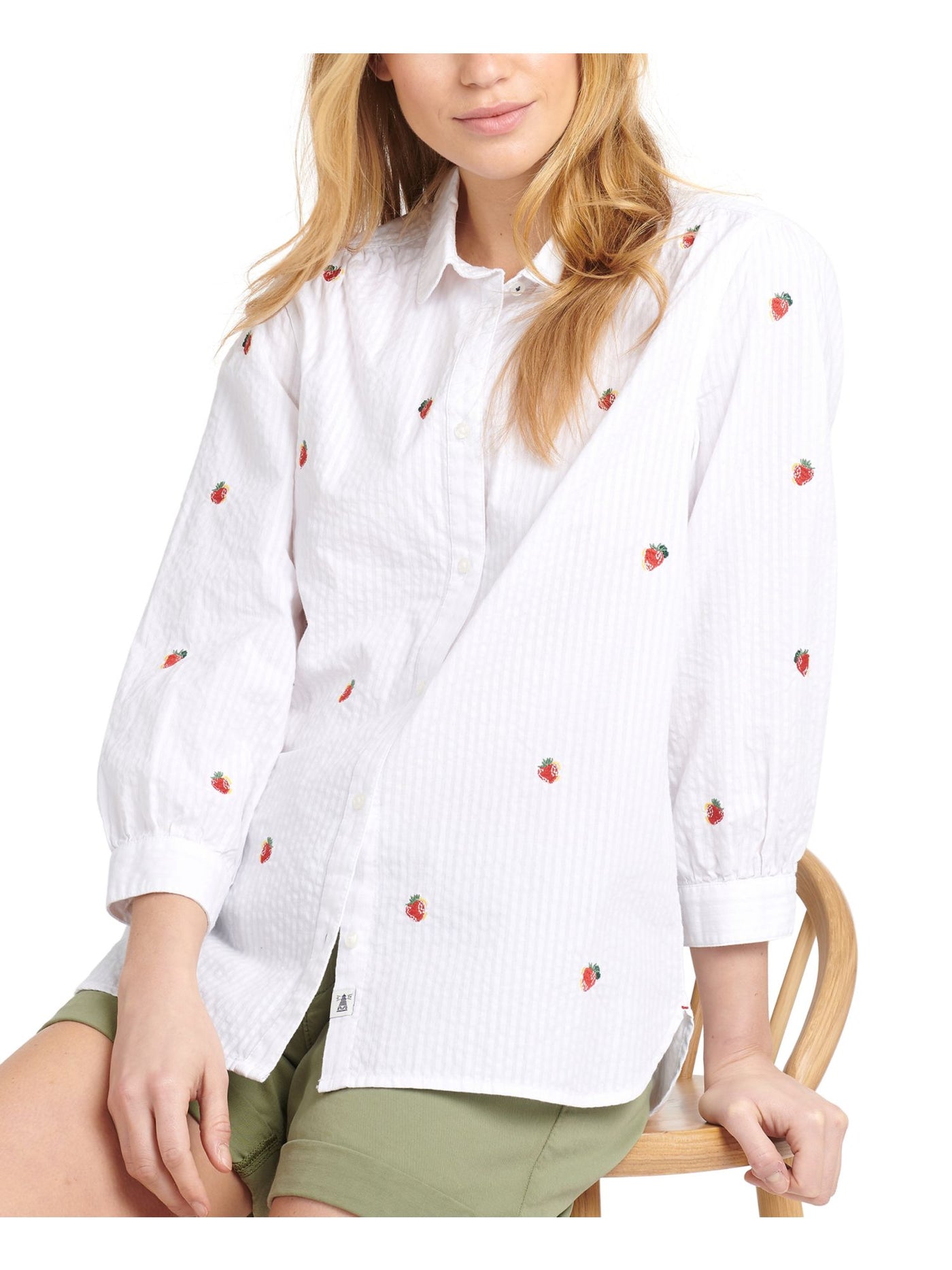 BARBOUR Womens White Textured Embroidered Cuffed Curved Hem Slitted Striped 3/4 Sleeve Collared Button Up Top 10